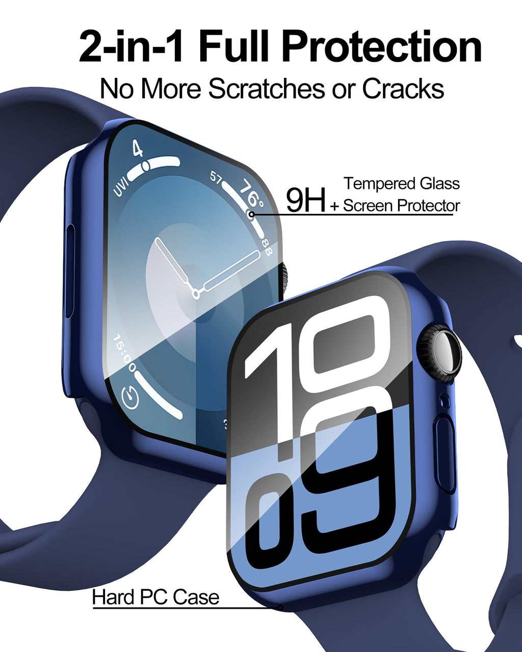 2 Pack Case Compatible with Apple Watch Series 11 (2025)/Series 10 42mm with Tempered Glass Screen Protector, Hard PC Case Scratch-Resistant Overall Protective Cover- Blue