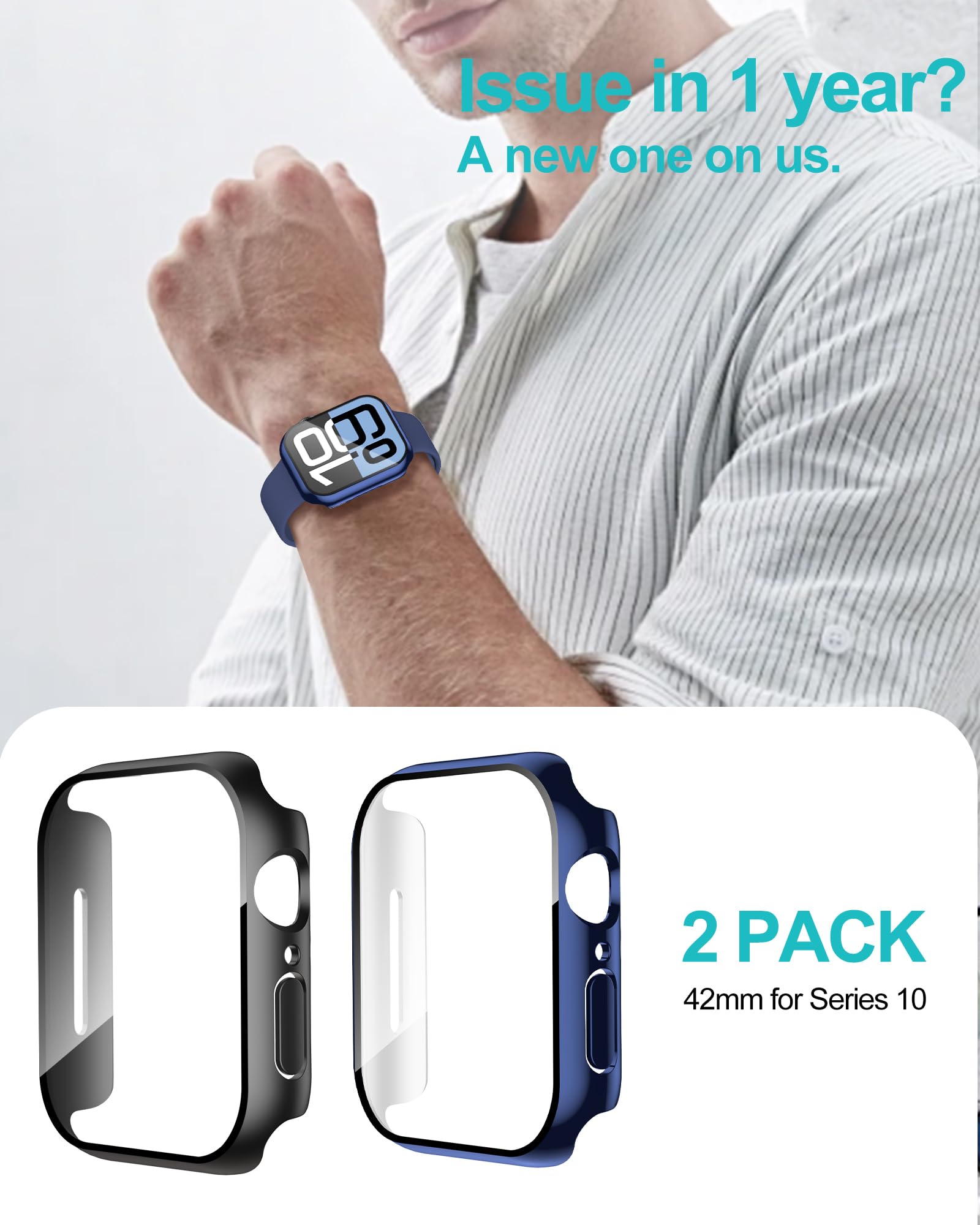 2 Pack Case Compatible with Apple Watch Series 11 (2025)/Series 10 42mm with Tempered Glass Screen Protector, Hard PC Case Scratch-Resistant Overall Protective Cover- Blue