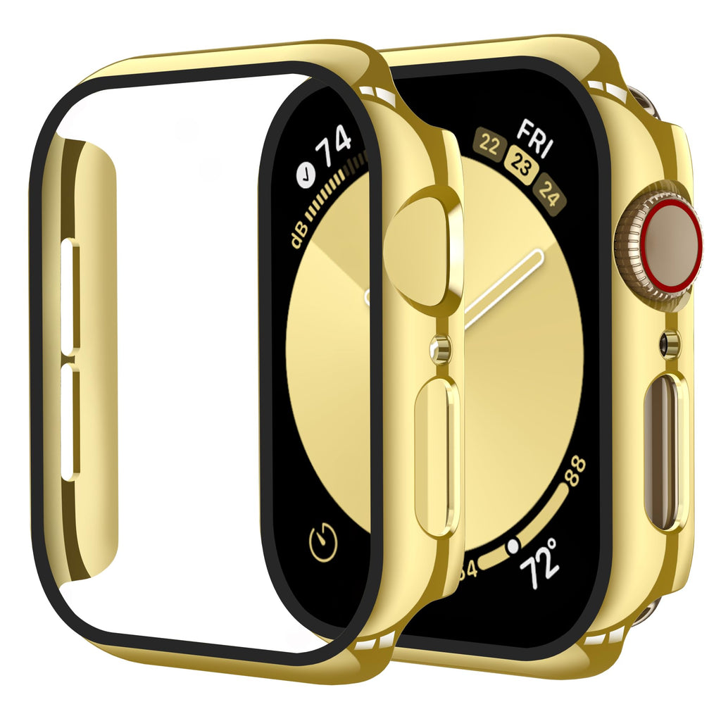 Smiling 2 Pack Case Compatible with Apple Watch Series 9/8/7 41mm with Tempered Glass Screen Protector, Hard PC Case Overall Protective Cover- Gold