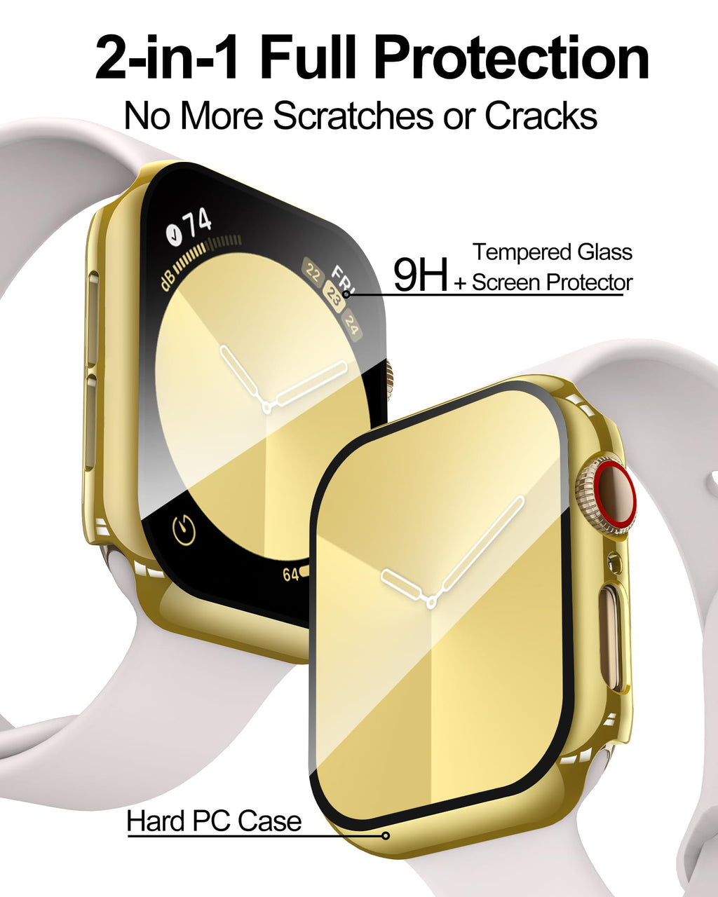 Smiling 2 Pack Case Compatible with Apple Watch Series 9/8/7 41mm with Tempered Glass Screen Protector, Hard PC Case Overall Protective Cover- Gold