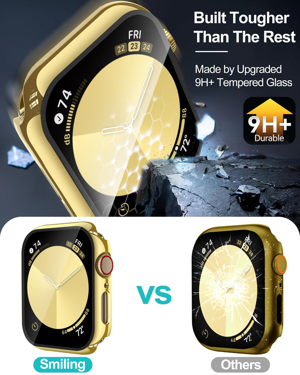 Smiling 2 Pack Case Compatible with Apple Watch Series 9/8/7 41mm with Tempered Glass Screen Protector, Hard PC Case Overall Protective Cover- Gold