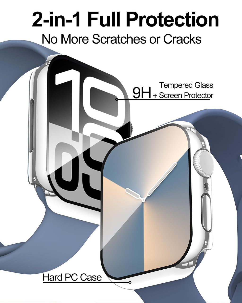 Smiling 2 Pack Case Compatible with Apple Watch Series 9/8/7 41mm with Tempered Glass Screen Protector, Hard PC Case Overall Protective Cover- Silver